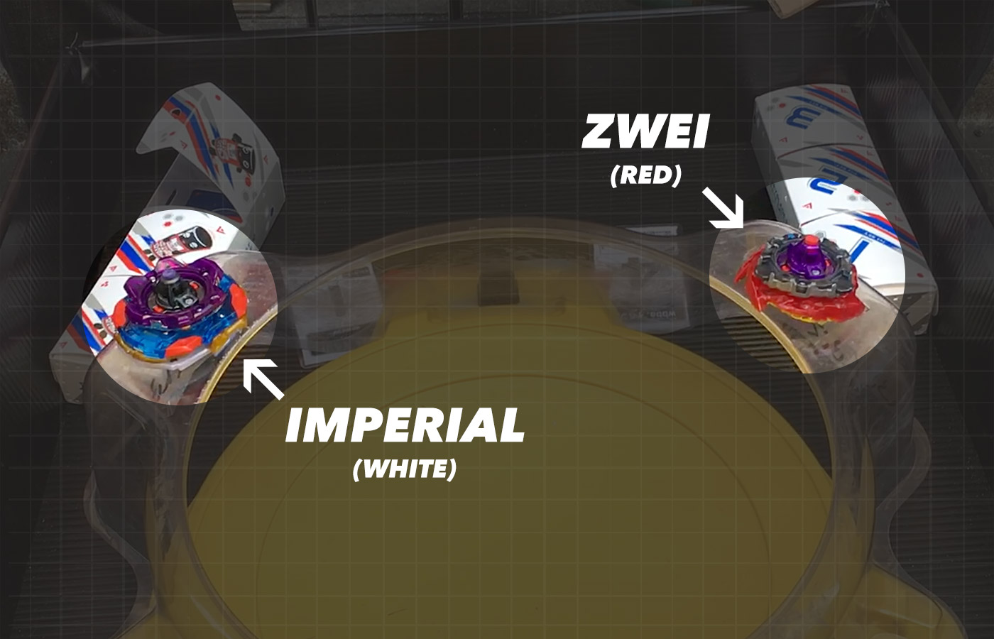 Screenshot of Beyblade battle video illustrating which Beyblade is Imperial and which is Zwei