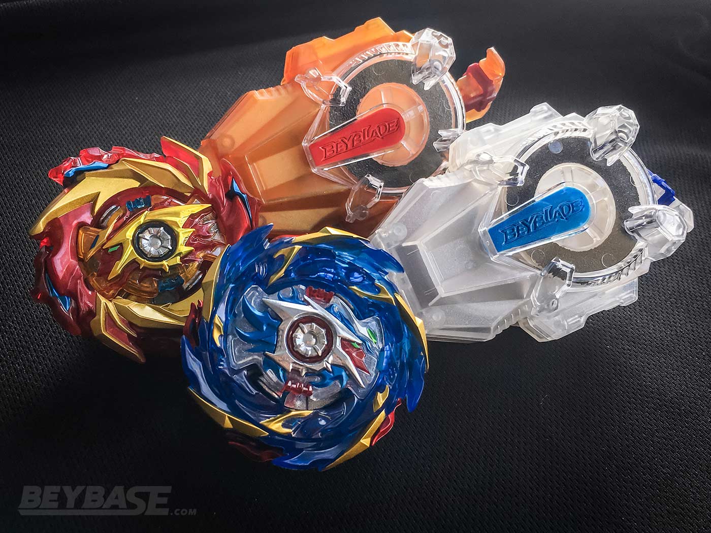 Hyperion Burn and Helios Volcano Beyblades with Long BeyLaunchers