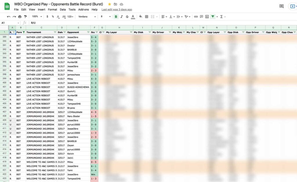 spreadsheet screenshot from blader kei's personal opponents battle record